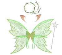 TiaoBug Women Butterfly Fairy Wings with Elf Ears Garland Wand Photography Props Halloween Dress Up Party Favor 1 Set Green One Size