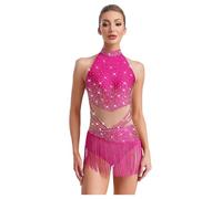 TiaoBug Women Rhinestones Latin Dance Leotard Ballroom Tango Cha Cha Practice Fringe Jazz Dance Dress HotPink XS