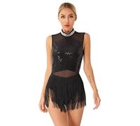 TiaoBug Women Sequins Tassel Latin Dance Dress Mesh Patchwork Leotard Salsa Tango Performance Costume Black B M