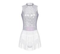 TiaoBug Women Sequins Tassel Latin Dance Dress Mesh Patchwork Leotard Salsa Tango Performance Costume White B M