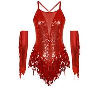 TiaoBug Women Sequins Tassel Latin Dance Outfits Showgirl Tango Ballroom Jazz Dance Unitard with Tassel Gloves Red M