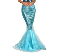 TiaoBug Women Shiny Fishtail Skirt Mermaid Fancy Dress Cascading Tulle Fish Scale Print Maxi Skirt Blue M