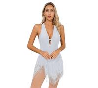 TiaoBug Women V Neck Tassel Fringed Latin Tango Dance Dress Hollow Out Back Leotard Performance Costume White S
