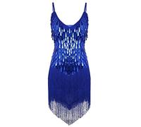TiaoBug Women's Adjustable Strap Sparkling Sequin Fringe Rhythm Ballroom Salsa Samba Rumba Tango Latin Dance Party Dress Blue One Size