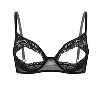 TiaoBug Women's Lace Floral Open Tip Bra Top Triangle Bralette Wire-Free Unlined Brassiere Underwear Black B M