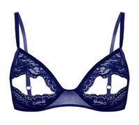 TiaoBug Women's Lace Floral Open Tip Bra Top Triangle Bralette Wire-Free Unlined Brassiere Underwear Navy Blue B XL