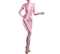 TiaoBug Womens One-Piece Oil Shiny Long Sleeves Double Zipper Smooth Leotard Bodysuit Jumpsuit Catsuit Pink One Size