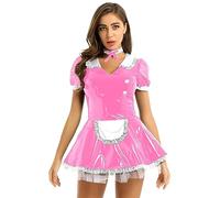 TiaoBug Women's Sexy French Maid Costume Patent Leather Short Sleeve Mini A-line Dress Clubwear Pink 4XL
