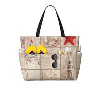 TIAOpig Boat Beach Starfish Shell Print Beach Bags for Women Large Sandproof Beach Tote Pool Bag with Zipper for Vacation Travel
