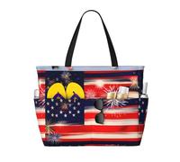 TIAOpig Firework American Flag 4Th of Julys Print Beach Bags for Women Large Sandproof Beach Tote Pool Bag with Zipper for Vacation Travel