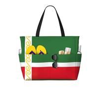TIAOpig Flag of the Chechen Republic Print Beach Bags for Women Large Sandproof Beach Tote Pool Bag with Zipper for Vacation Travel