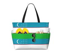 TIAOpig Flag of the Republic of Uzbekistan Print Beach Bags for Women Large Sandproof Beach Tote Pool Bag with Zipper for Vacation Travel