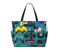 TIAOpig Gaming Controller Patterns Print Beach Bags for Women Large Sandproof Beach Tote Pool Bag with Zipper for Vacation Travel