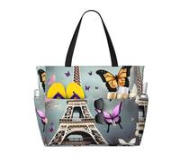 TIAOpig Romantic Paris Butterfly Eiffel Print Beach Bags for Women Large Sandproof Beach Tote Pool Bag with Zipper for Vacation Travel