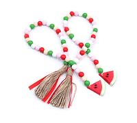 Tiardey 2 Pcs Bright Fruit Wooden Beaded Garland, Summer Watermelon Farmhouse Rustic Beads with Jute Tassels, Farmhouse Country Home Tiered Tray Decor