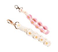 Tiardey 2pcs Daisy Keychain Wrist Handmade Woven Keychain Bohemian Resort Style Accessory, Black + Pink