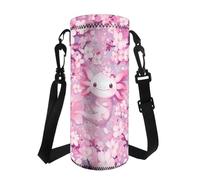 Tiasarato Axolotl Pink Flowers Sport Water Bottle Carrier with Shoulder Strap Lightweight Pouch Bag for Gym Hiking Cycling Teens Girls Adjustable Holder Large Capacity Drawstring Sleeve