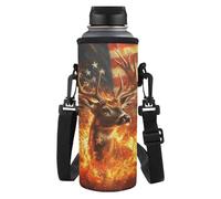 Tiasarato Deer American Flag Burning Kids Water Bottle Carrier with Strap 32 oz Soft Fabric Cover Holder for Walking Running Lightweight Sleeve School Sports Accessories