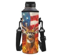 Tiasarato Deer USA Flag Burning Fire Water Bottle Holder for Women Hiking 64 oz Adjustable Shoulder Strap Large Capacity Carrier Bag Soft Fabric Outdoor Walking