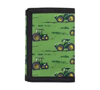 Tiasarato Small Children's Wallet for Boys Green Tractors on The Grass Trifold Money Organizer Rural Vehicle Pattern Card Case Novelty Wallet with Card Holders