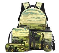 Tiasarato Tractor Backpack for Boys Ergonomic Kids Bookbag and Lunch Box Set Ages 12-14 Spacious Elementary School Bag 6th Grade Book Bag with Water Bottle Holder 4-Piece