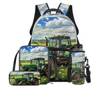 Tiasarato Tractor Backpack for Boys Lightweight Bookbag with Lunch Bag Ages 8-12 Ergonomic Elementary School Bag 5th Grade Book Bag with Water Bottle Holder 4Pcs