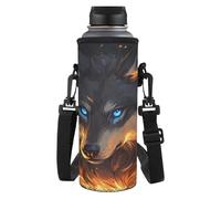 Tiasarato Wolf Burning 1500ml Water Bottle Carrier Bag for Hiking, Walking Lightweight Soft Fabric Sleeve Cover with Adjustable Strap for Men Sports Enthusiasts