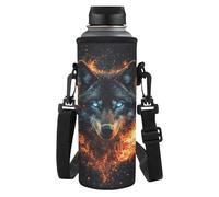 Tiasarato Wolf Burning Fire 64 Oz Water Bottle Sleeve with Strap High Capacity Protective Cover for Water Bottle Walking, Portable Soft Fabric for Gym, Yoga, Running