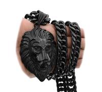 TIASRI Heavy Black Mens Lion Pendant Stainless Steel Jewelry Strong Mens Cuban Miami Link Chain Big Lion Necklace Pendant, 24in chain, Metal, No Gemstone