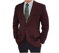 Tiavllya Men's Herringbone Blazer British Tweed Wool Blend Vintage 2 Button Sport Coats Jacket （42, Burgundy）