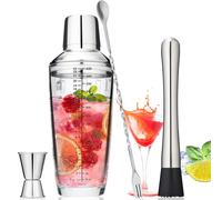 Tiawudi 23oz Glass Cocktail Shaker Set, 4PCS Bartender Kit, Martini Mixer Shaker with Built-in Strainer, Measuring Jigger, Cocktail Muddler & Mixing Spoon, Bar Tool Set for Bartender and Home Use