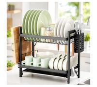 Tiazhan 2 Tier Dish Drainer Rack for Kitchen Counter, Large Capacity Stainless Steel Drying Rack with Removable Drip Tray & Utensil Holder, Rustproof Drain Board, Space-Saving Black, L