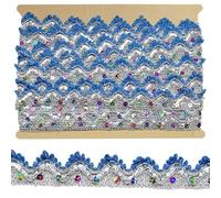 Tibaoffy Long 14 Yard Wide 35mm/1.37inch Peacock Blue and Silver with Silver and Colorful Sequins lace Trim Decorated Craft Ribbon for DIY Craft Sewing Fabric