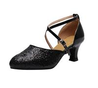 tibenqrt Womens Ballroom Dance Shoes Sandals, Lightweight Sparkly Latin Salsa Sandal, Sequins Closed Toe Low Heel Sandals, Comfortable Tango Cha-Cha Wedding Evening Dancing Shoes, Slingback Buckle