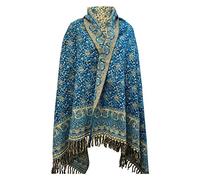 Tibet Blue Beige Soft Warm Woolen Winter Floral Leaf Print Scarf Handmade Luxurious Shawl Wrap Decoration Blanket Oversized Reversible Pure Yak Wool