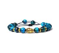 Tibetan Adjustable Bead Bracelet with Gold Engraved Buddha Head Charm & Natural Light Blue Tiger's Eye Stone Beads