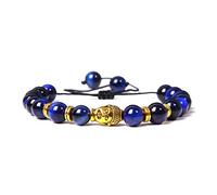 Tibetan Adjustable Bead Bracelet with Gold Engraved Buddha Head Charm & Natural Navy Blue Tiger's Eye Stone Beads