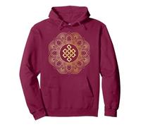 Tibetan Endless Knot Mandala Lotus Flower Pullover Hoodie, Adult Unisex, Burgundy, Large