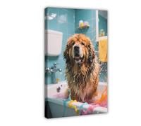 Tibetan Mastiff Taking A Bath Funny Bathroom (6) Canvas Poster Bedroom Decor Landscape 24x36inch(60x90cm)