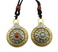 Tibetan Rotating Prayer Wheel Necklace, Mysterious Nine Palaces Bagua Talisman Buddhist Rune Zodiac, 27.5 inch Black Braided Rope, Standard size, Zinc, No Gemstone