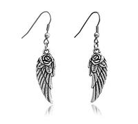 Tibetan Silver Angel Wings With Roses Earrings on Sterling Silver Hooks, Hippy/Boho Design, Wings & Flowers Earrings, Charm drop Earrings