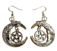 Tibetan Silver Mother Moon & Pentagram Earrings On Sterling Silver Hooks In A Gorgeous Organza Gift Bag Wiccan Wicca Pagan