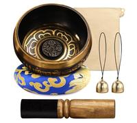 Tibetan Singing Bowl, 8 cm Brass Singing Bowl with Cushion, 2 Bell and Wooden Beater, Hand Hammered Singing Bowl Set, Singing Bowl from Tibet, for Meditation Beginners, Yoga, Relaxation