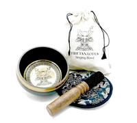 Tibetan Singing Bowl Gift Set Hand Whipped and Engraved 14cm Lotus Flower with Mallet, Embroidered Mat and Organic Cotton Bag for Meditation, Yoga, Reiki, Frequency Healing