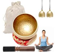 Tibetan Singing Bowl Set, Brass Meditation Singing Bowl, 8.6 cm Diameter, Comes with Wooden Singing Bowl Base, 2 Brass Bells and a Storage Bag, for Yoga, Meditation