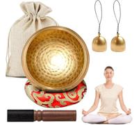 Tibetan Singing Bowl Set,Brass Meditation Singing Bowl,Hand Hammered BrassSingingBowl,8cm Diameter,Wooden Beater,SingingBowl Cushion & 2 BrassBell Yoga Meditation, for YogaMeditation