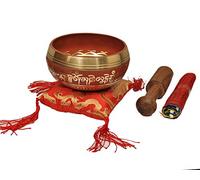 Tibetan Singing Bowl Set By Dharma Store - With Traditional Design Tibetan Buddhist Prayer Flag - Handmade in Nepal (Red)