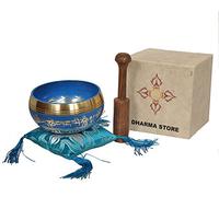 Tibetan Singing Bowl Set By Dharma Store - With Traditional Design Tibetan Buddhist Prayer Flag - Handmade in Nepal (Blue with box)