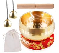 Tibetan Singing Bowl Set - Handmade Healing Meditation Yoga Sound Bowl Singing Bowl Small from Nepal with Wooden Clapper Singing Bowl Cushion Brass Bell for Women Men 8 cm