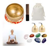 Tibetan Singing Bowl Set, Portable Meditation Sound Bowl with 7 Chakra Stone 2 Bells and Carry Bags, Meditation Tool Sound Healing Spiritual Gift for Yoga Relaxation